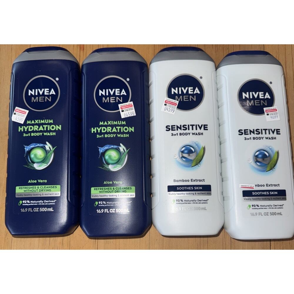 2 NIVEA MEN Sensitive Body Wash Bamboo Extract 16.9 Fl Oz & 2 Max Hydration Aloe